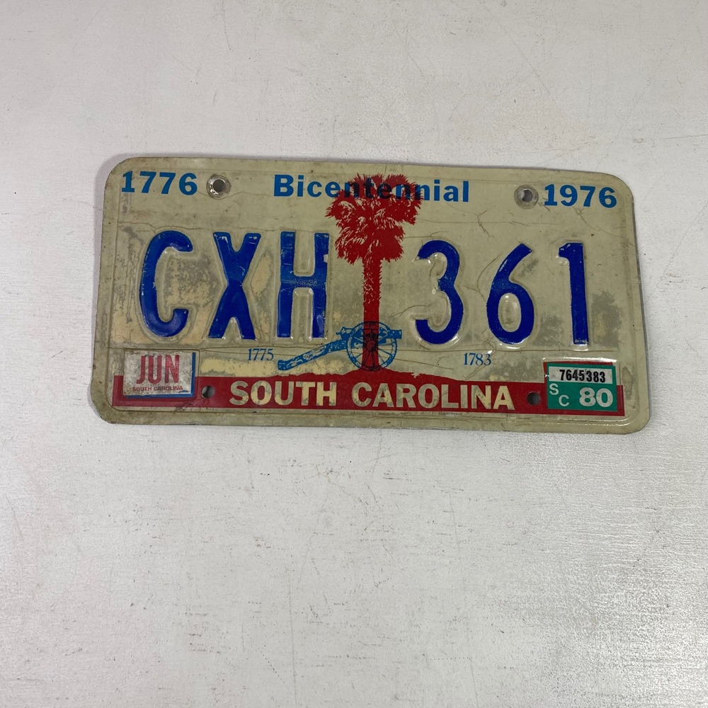 Vintage 1976 South Carolina Bicentennial License Plate CXH 361 Palmetto Cannon